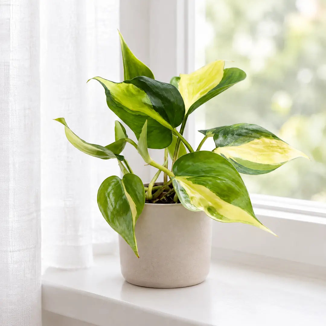Philodendron Brasil am hellen Fenster hinter einem leichten Vorhang
