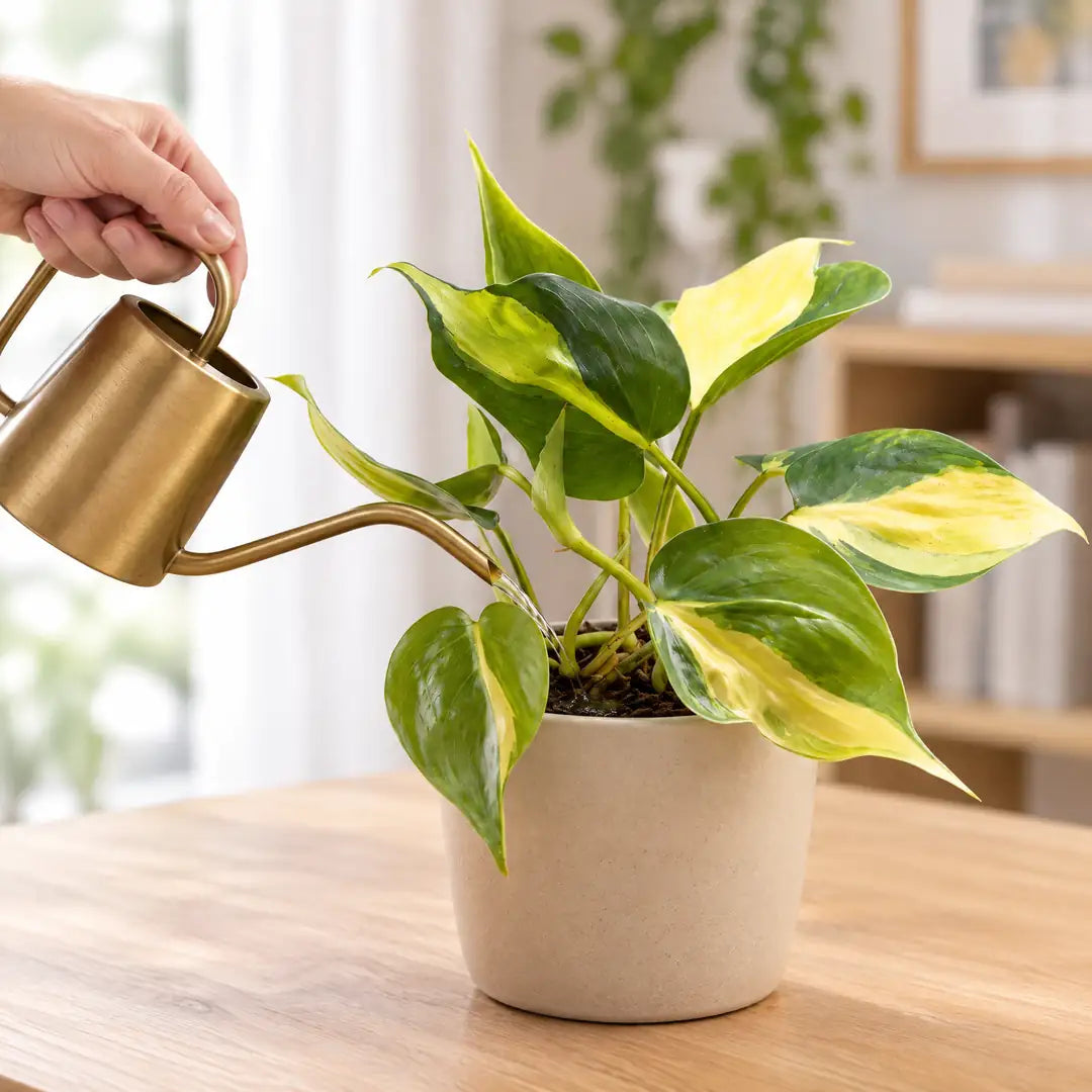 Philodendron Brasil wird mit einer Messing-Gießkanne gegossen