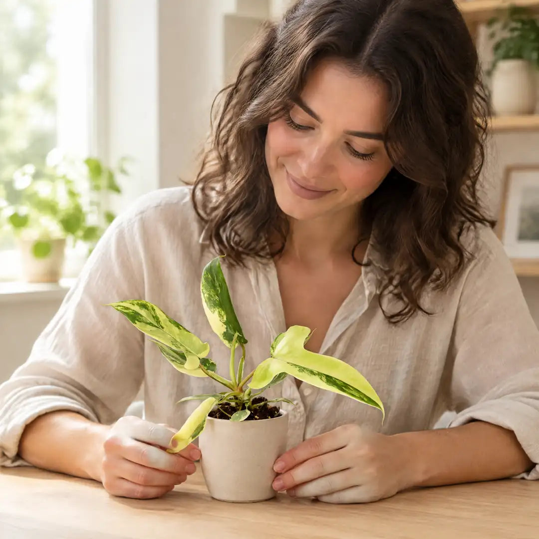 Frau betrachtet ihren Philodendron Florida Beauty am Holztisch