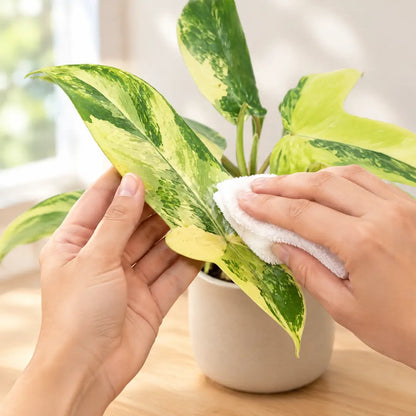 Blatt des Philodendron Florida Beauty wird mit einem weichen Tuch abgewischt
