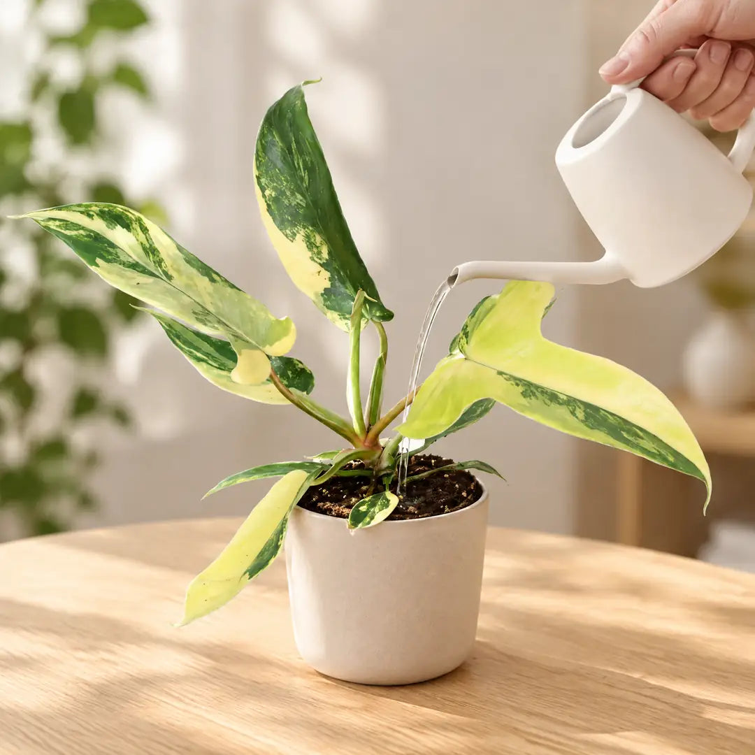 Philodendron Florida Beauty wird mit einer kleinen weißen Gießkanne gegossen
