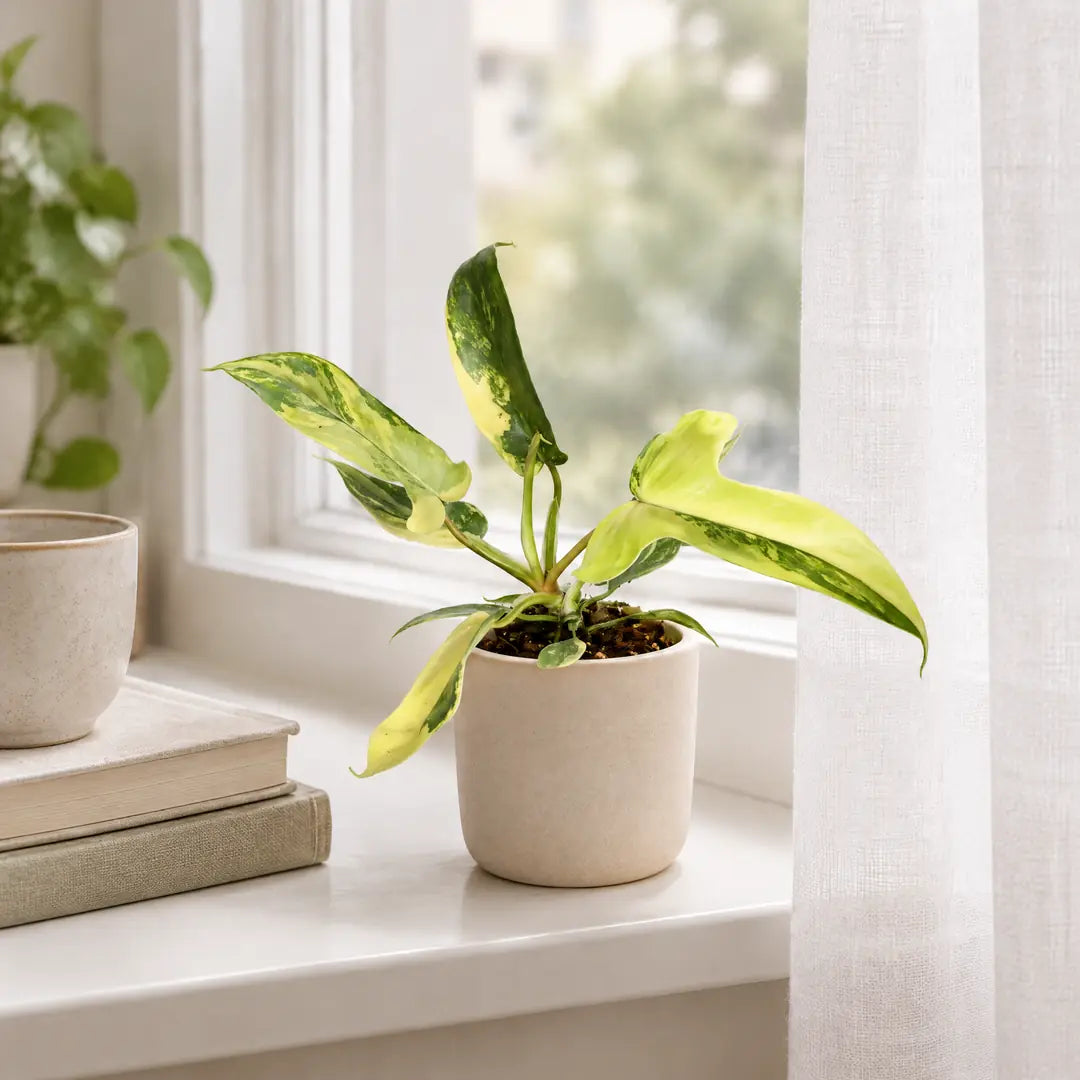 Philodendron Florida Beauty im beigen Übertopf auf der hellen Fensterbank hinter einem Leinenvorhang