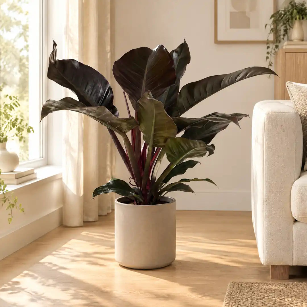 Philodendron Imperial Red mit dunkelroten Blättern im beigen Übertopf neben dem Sofa