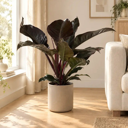Philodendron Imperial Red mit dunkelroten Blättern im beigen Übertopf neben dem Sofa