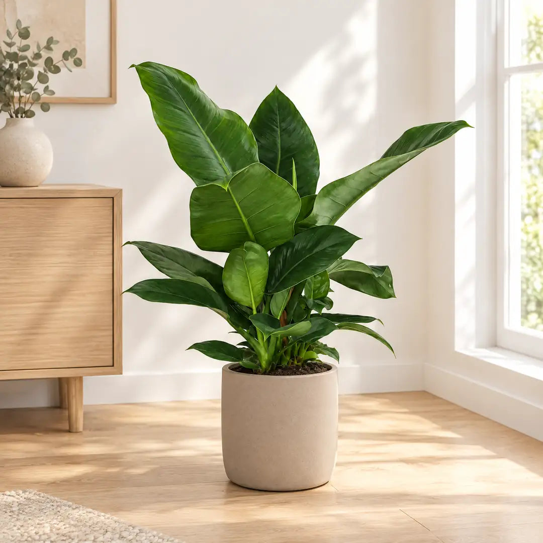 Philodendron Imperial Green mit sattgrünen Blättern im beigen Übertopf im hellen Wohnzimmer
