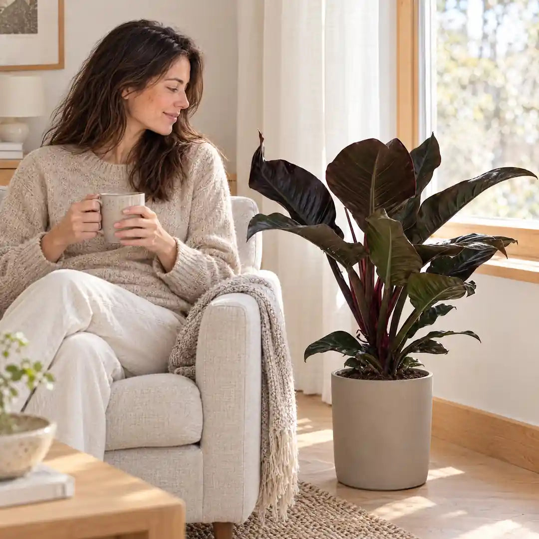 Frau im Sessel betrachtet ihren Philodendron Imperial Red