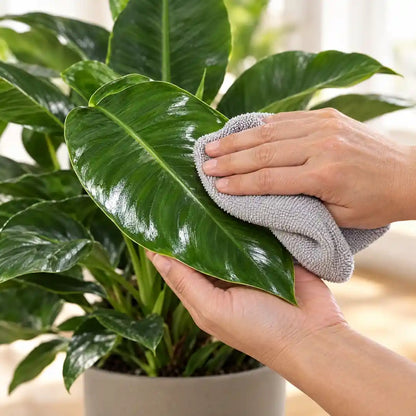 Hand wischt ein Blatt des Philodendron Imperial Green mit einem Tuch ab