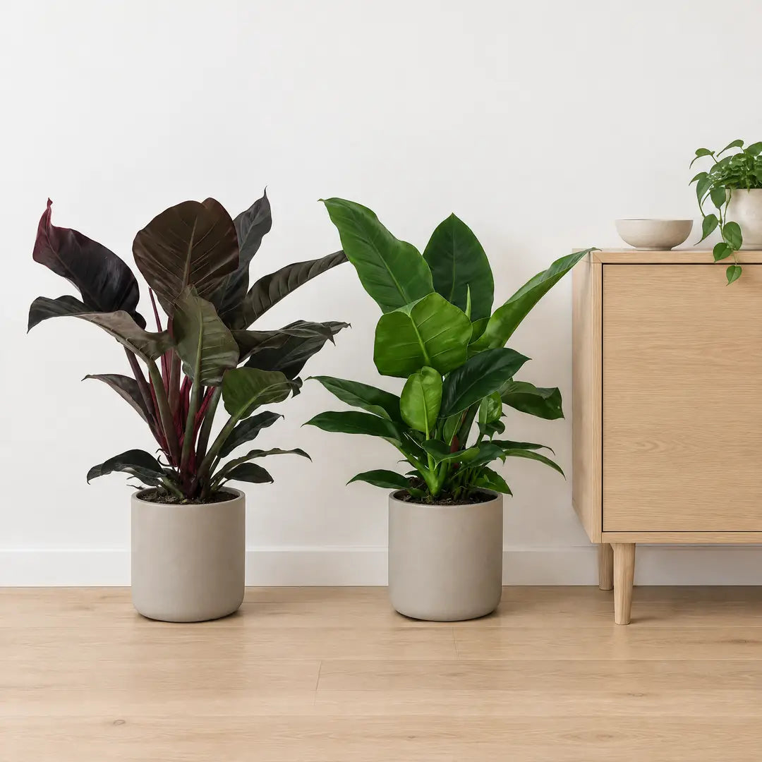 Philodendron Imperial Red und Green nebeneinander neben einem Sideboard
