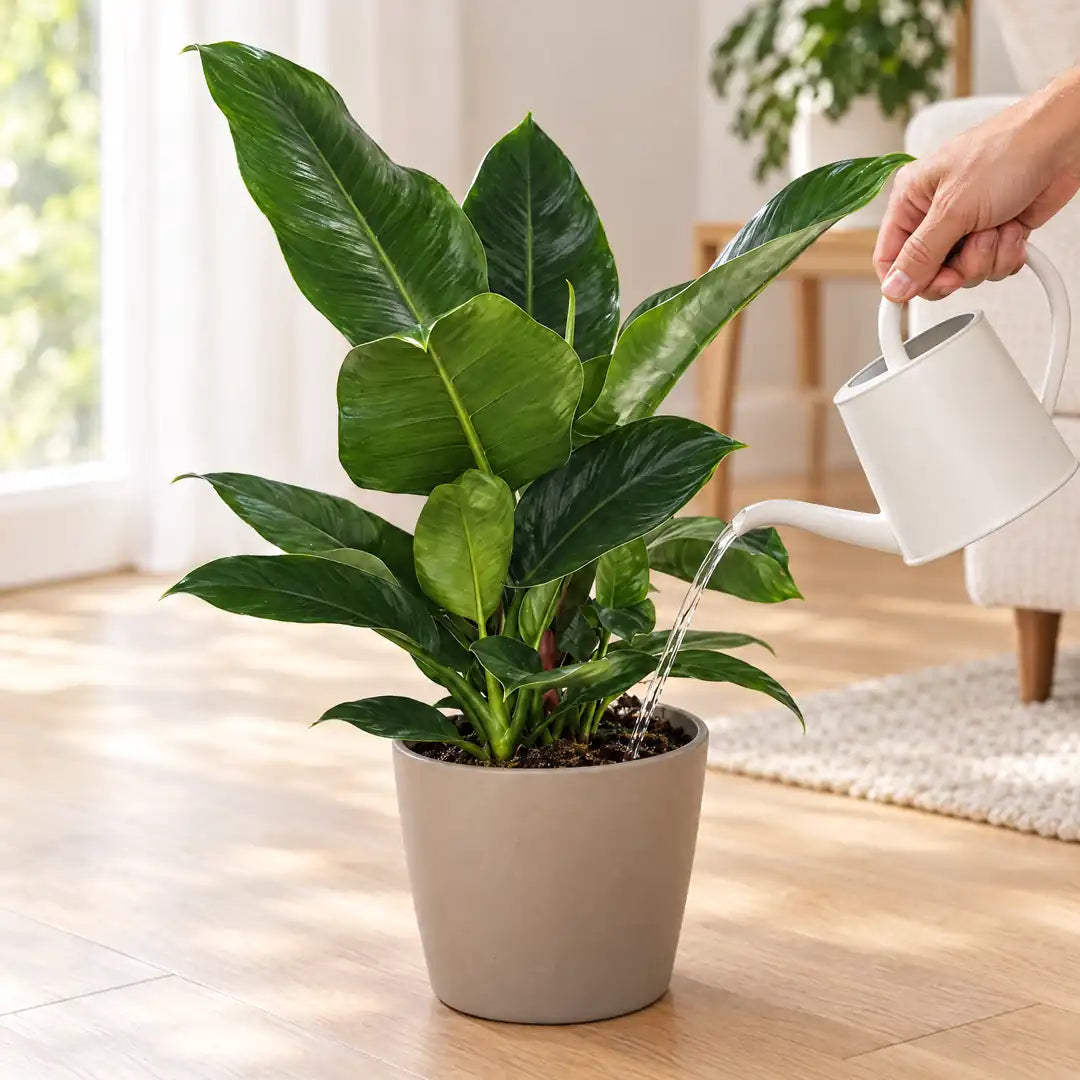 Philodendron Imperial Green wird mit einer Gießkanne gegossen