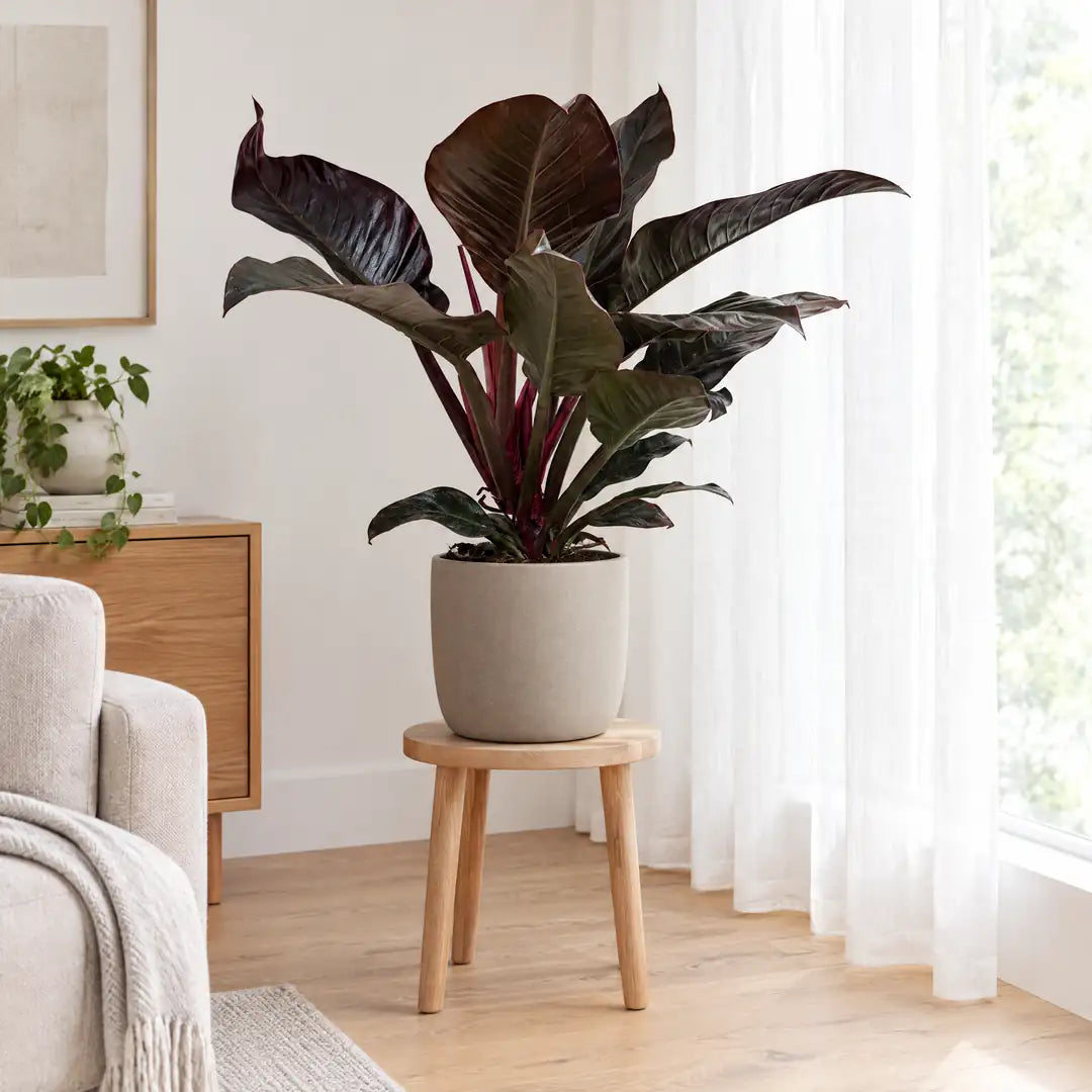 Philodendron Imperial Red am hellen Fenster mit Vorhang