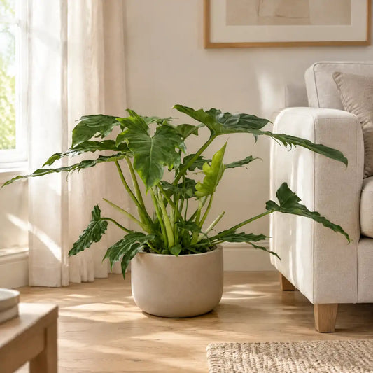 Philodendron Lacerum im beigen Übertopf neben einem hellen Sofa im Wohnzimmer