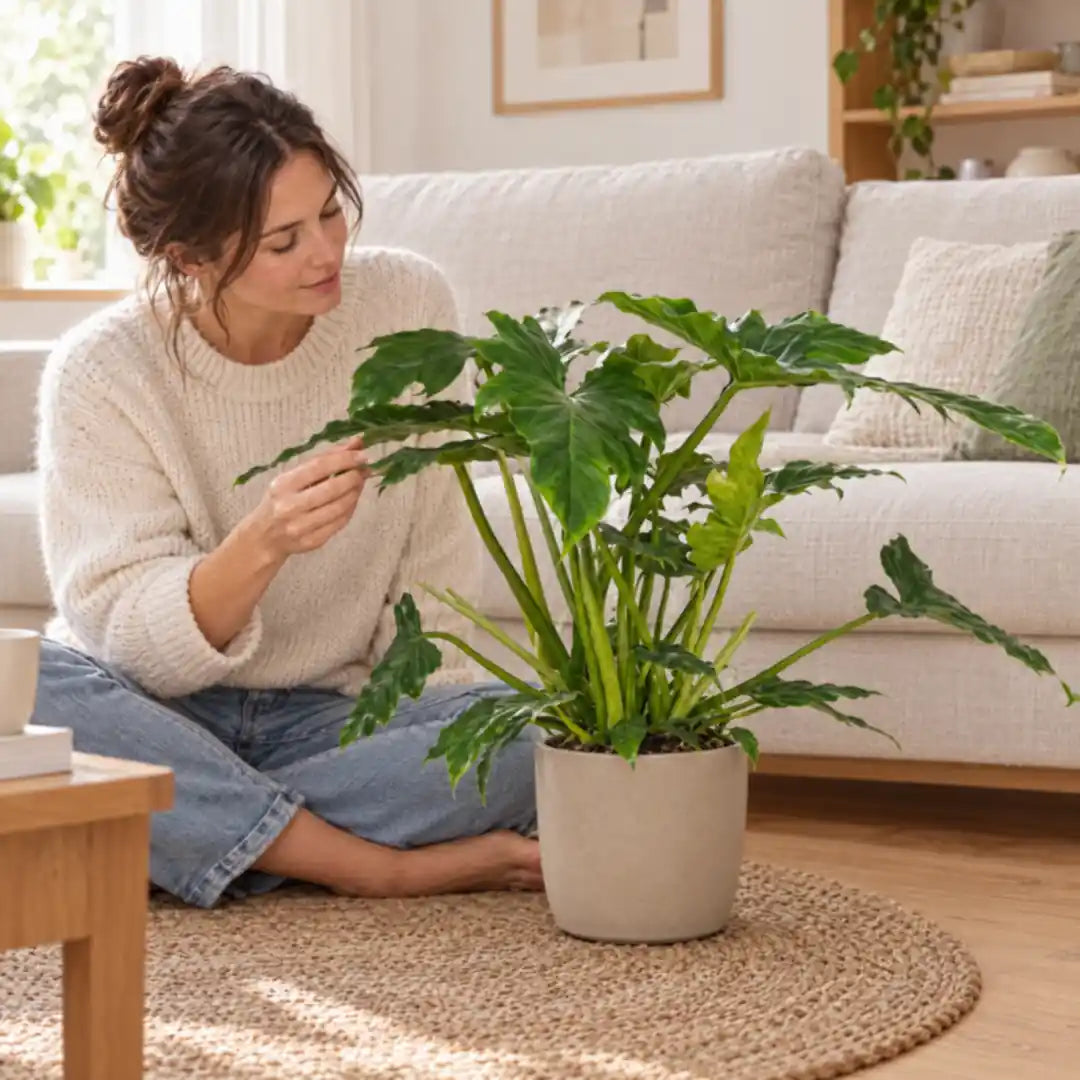 Frau sitzt auf dem Teppich und berührt ein Blatt ihres Philodendron Lacerum