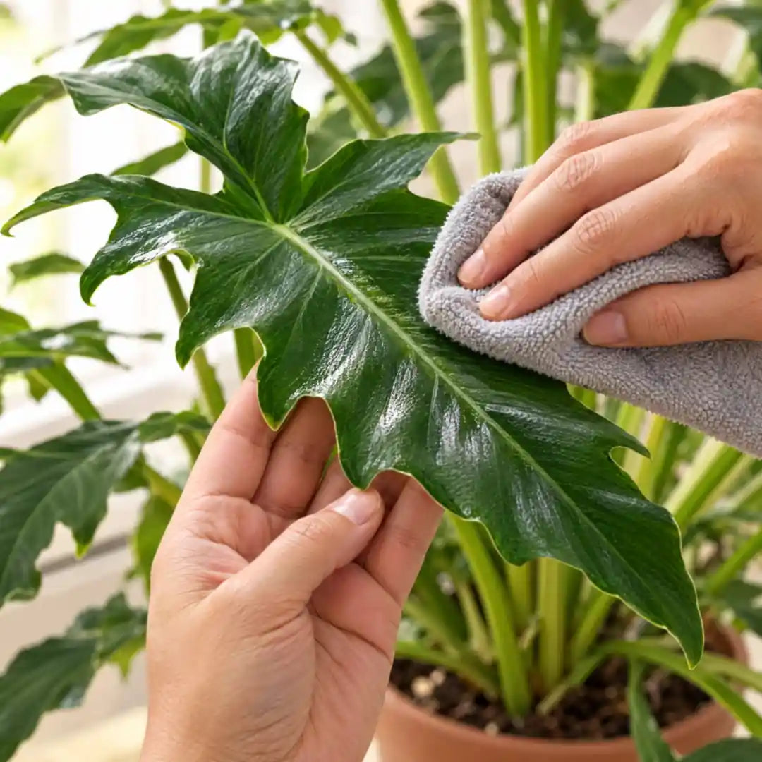 Hände wischen ein glänzendes Blatt des Philodendron Lacerum mit einem Tuch ab