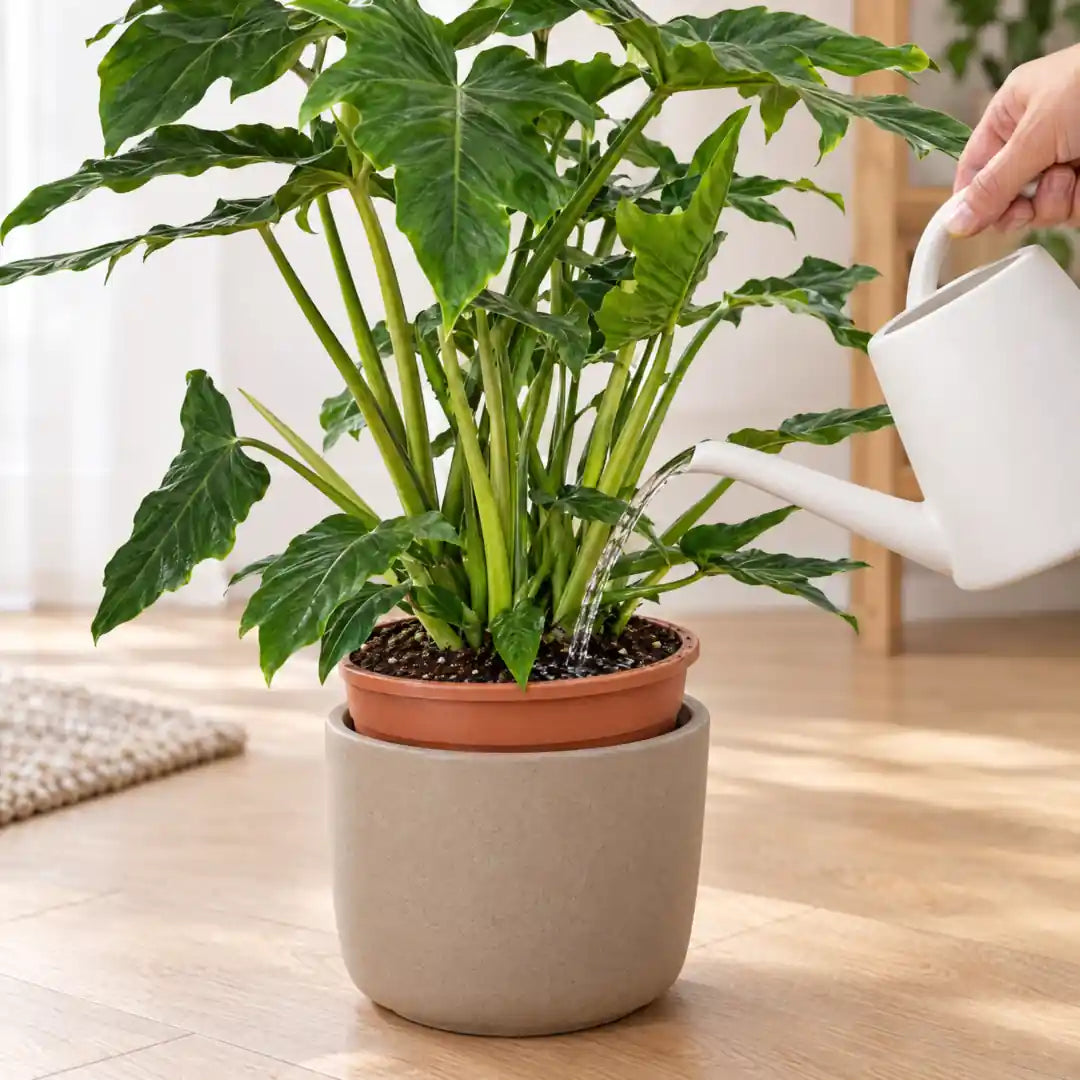 Philodendron Lacerum wird mit einer weißen Gießkanne an der Erde gegossen