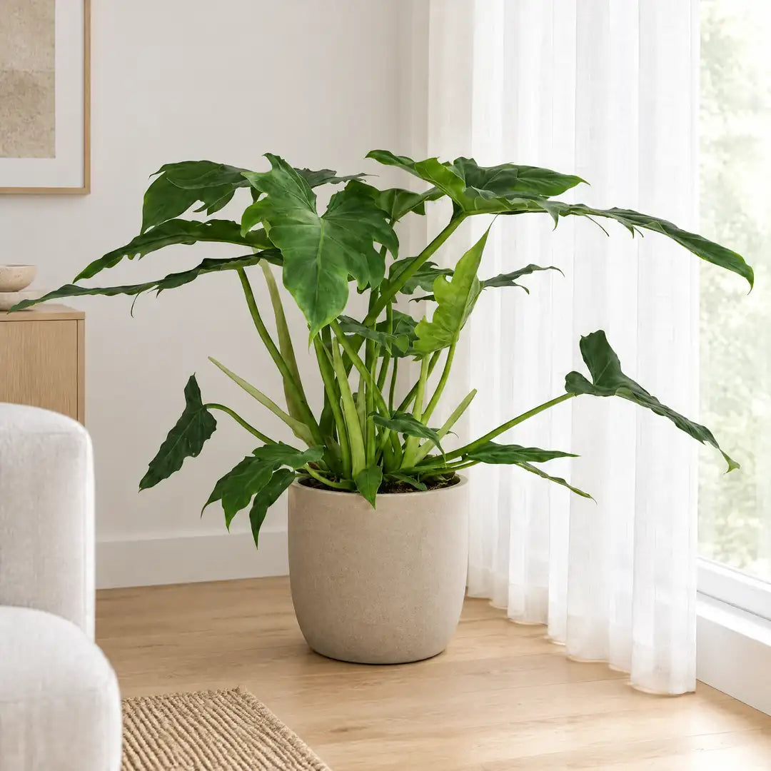 Philodendron Lacerum im hellen Halbschatten neben einer lichten Gardine
