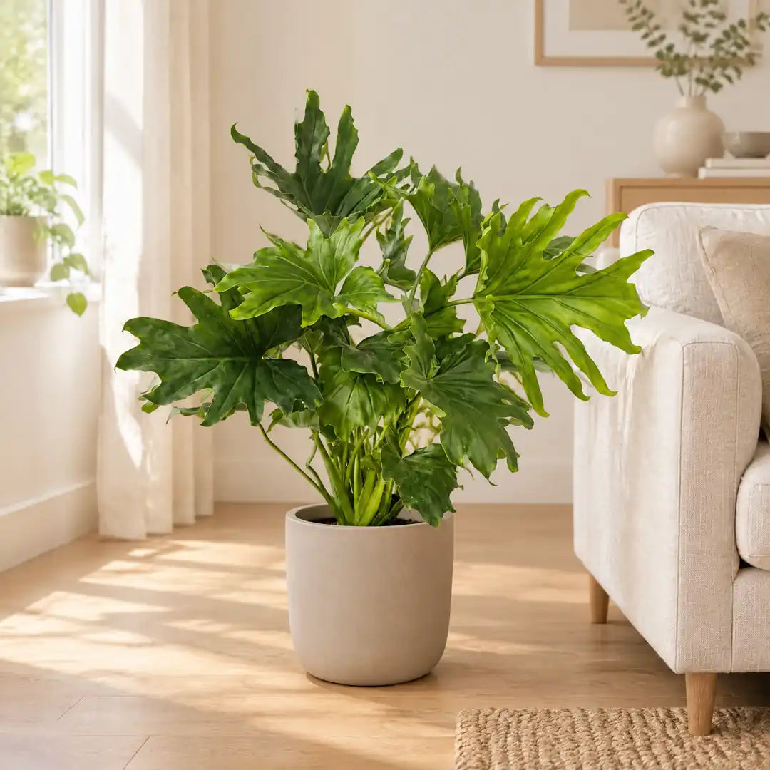 Philodendron Lickety Split im greigen Übertopf neben einem hellen Sofa