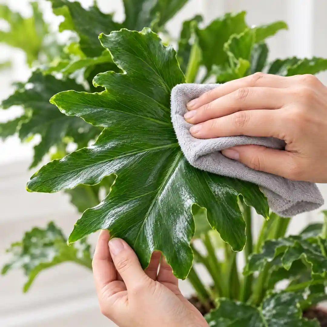 Hand wischt ein gewelltes Blatt des Philodendron Lickety Split mit einem Tuch ab