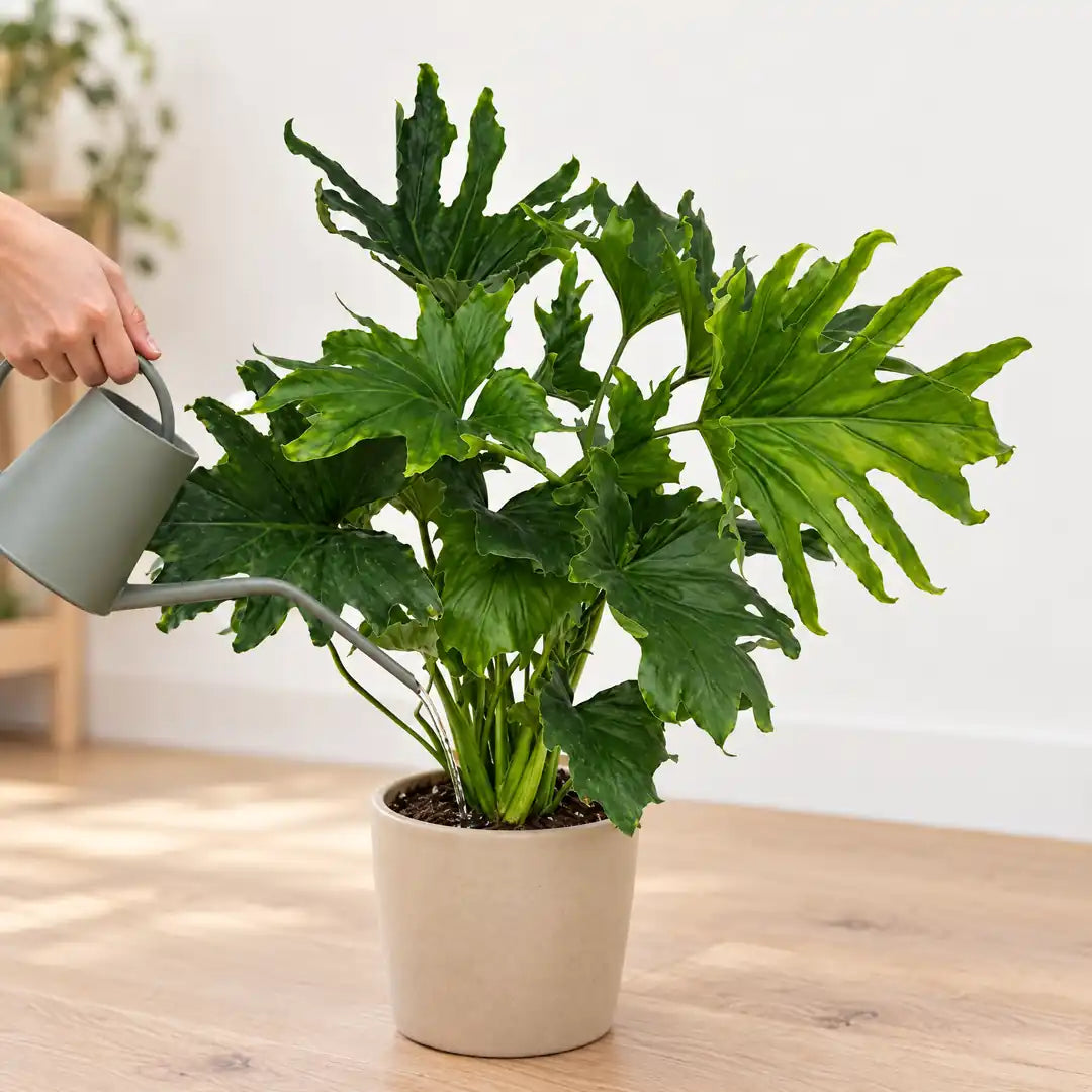 Hand gießt den Philodendron Lickety Split mit einer grauen Gießkanne