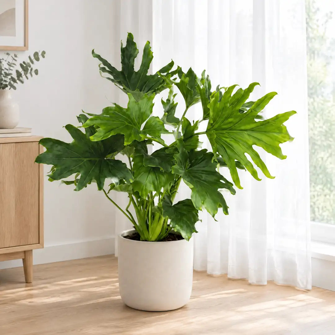 Philodendron Lickety Split im hellen Halbschatten vor einer lichten Gardine