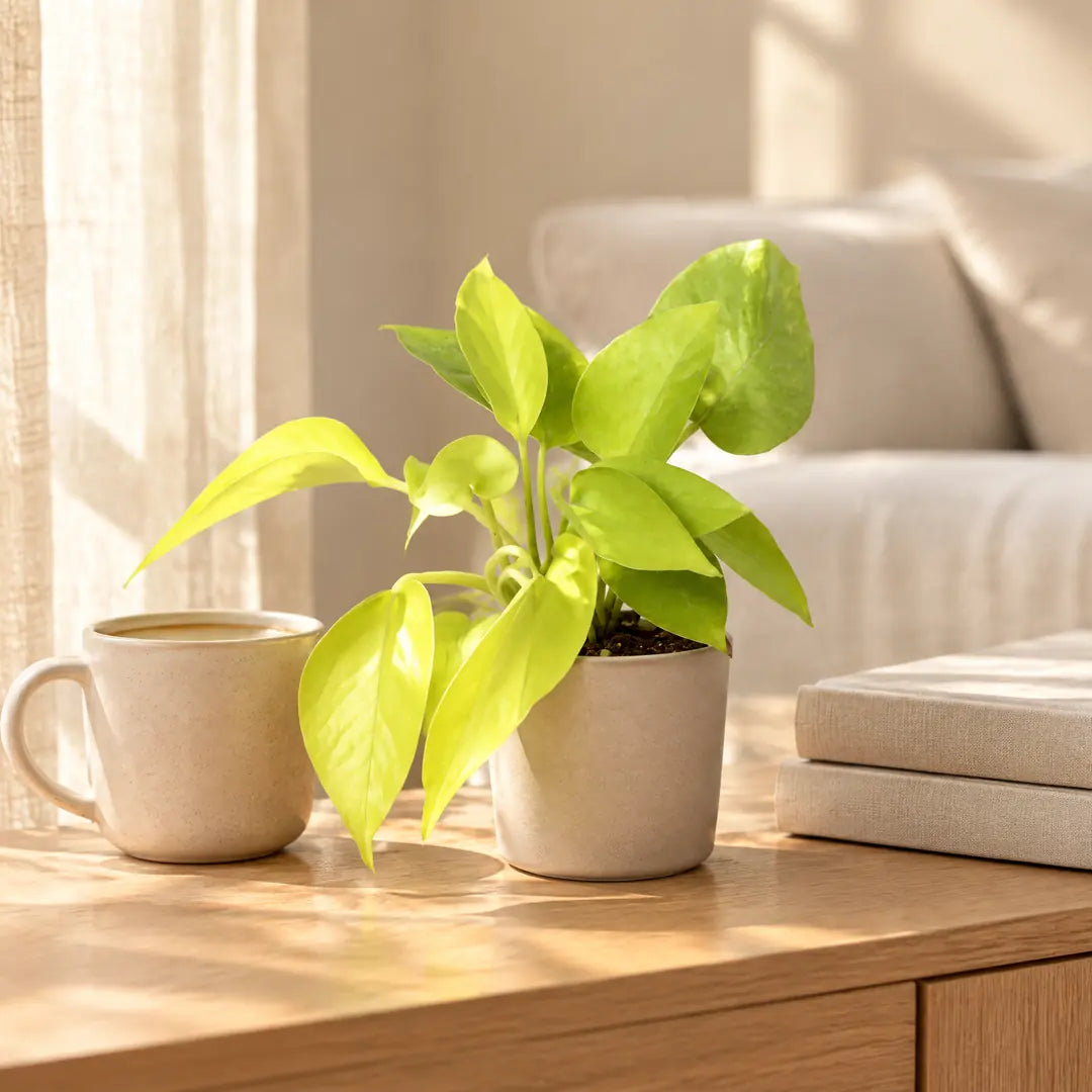 Philodendron Neon im beigen Übertopf auf einem Sideboard im Wohnzimmer