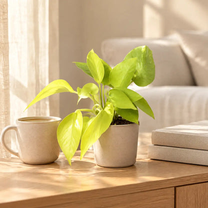 Philodendron Neon im beigen Übertopf auf einem Sideboard im Wohnzimmer