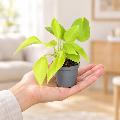 Philodendron Neon Jungpflanze auf der Handfläche als Größenvergleich