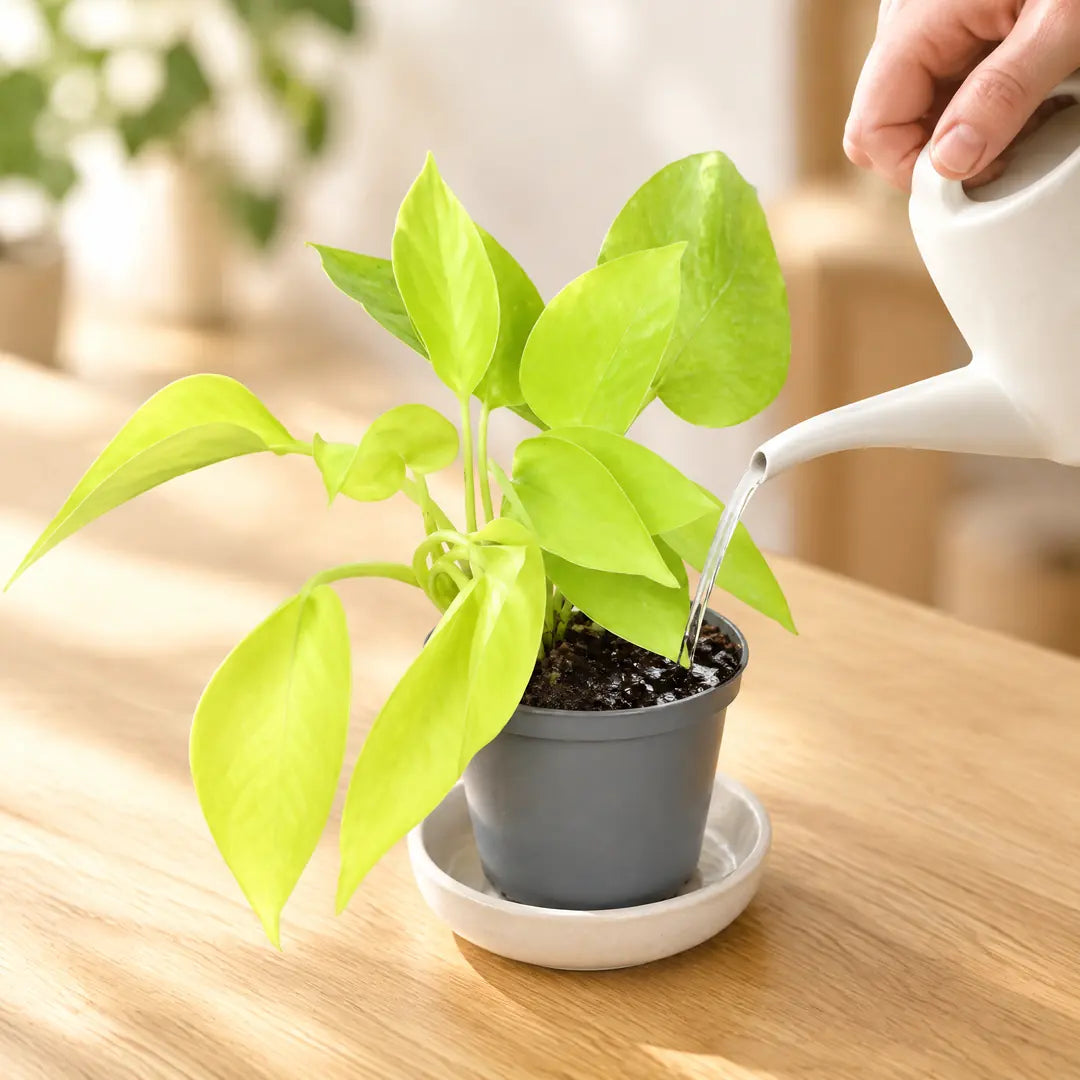Philodendron Neon im Anzuchttopf wird mit einer kleinen Gießkanne gegossen