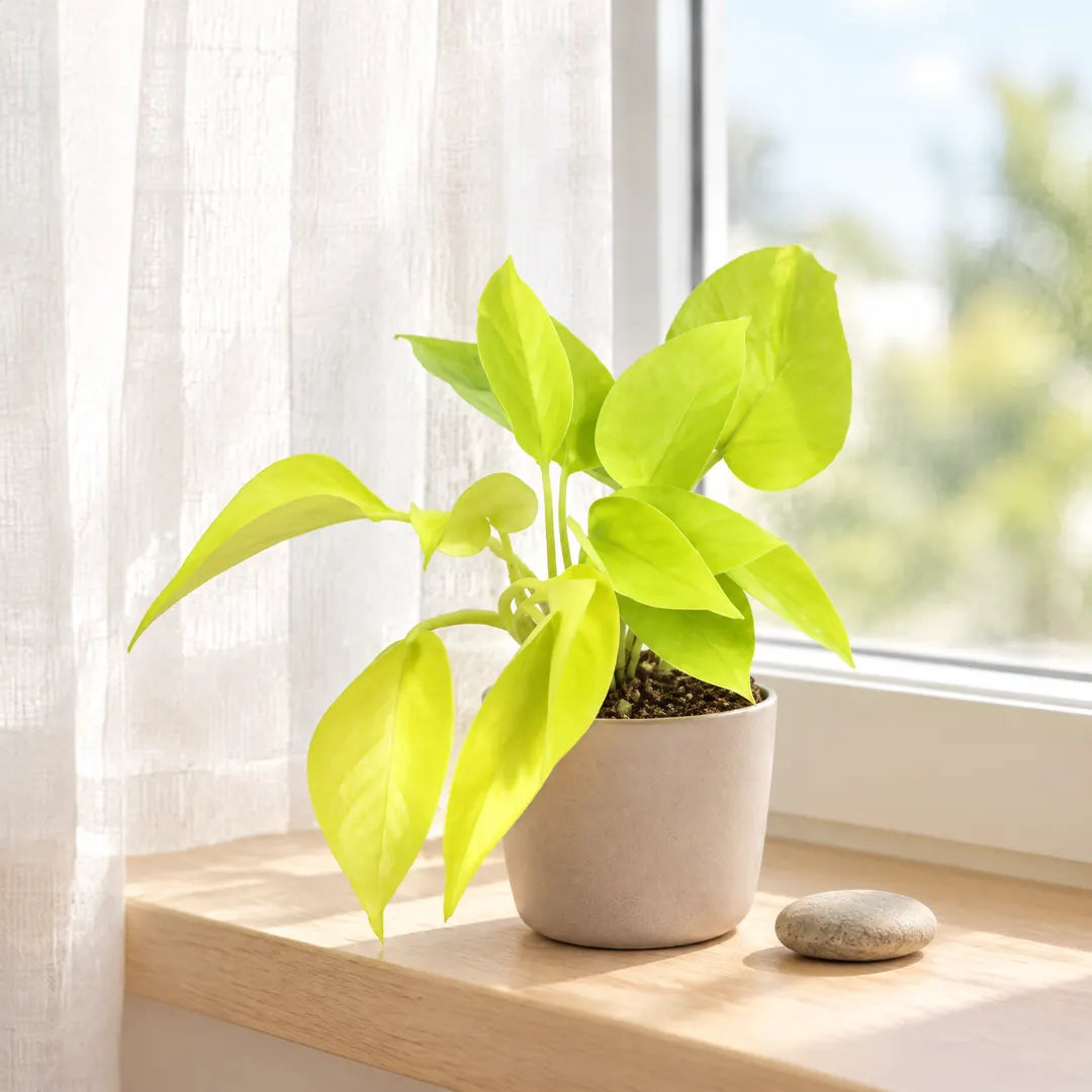 Philodendron Neon auf einer hellen Fensterbank hinter einem Leinenvorhang