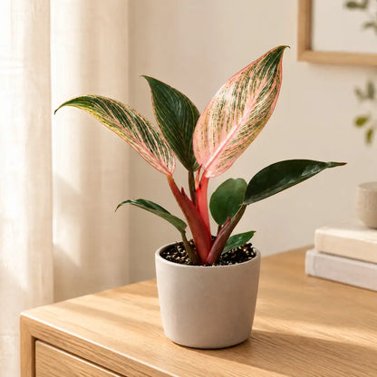Philodendron Pink Bikini im greige Übertopf auf einem Eichen-Sideboard im hellen Wohnzimmer