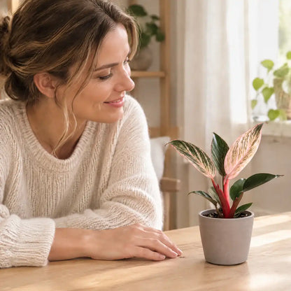 Frau betrachtet lächelnd einen kleinen Philodendron Pink Bikini auf ihrem Holztisch