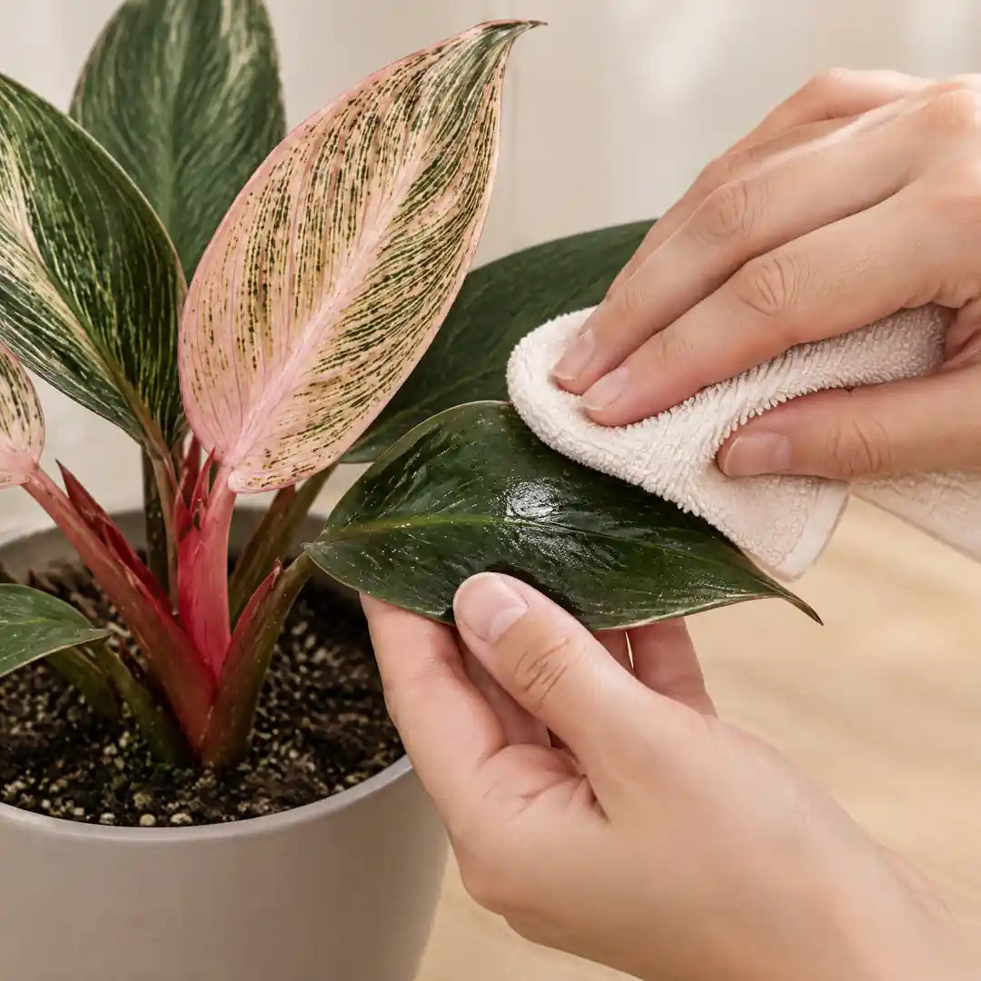 Blatt eines Philodendron Pink Bikini wird mit einem weichen Tuch abgewischt