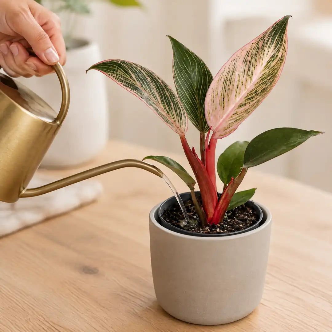 Philodendron Pink Bikini wird mit einer Messing-Gießkanne direkt an der Erde gegossen