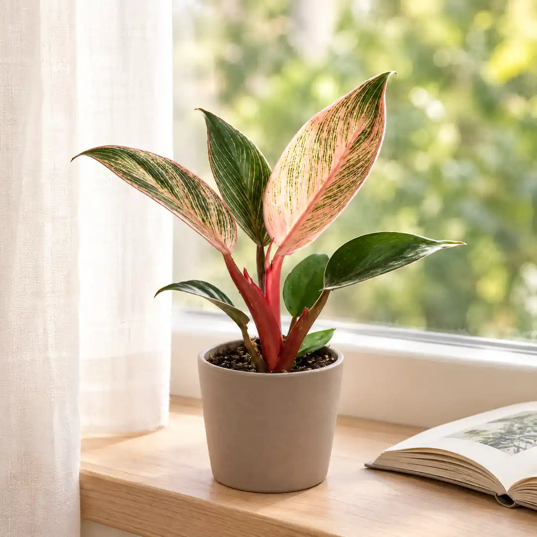 Philodendron Pink Bikini auf einer hellen Fensterbank vor einem Leinenvorhang