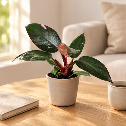 Philodendron Pink Princess rosa gesprenkelt im beigen Übertopf auf einem Holztisch im hellen Wohnzimmer