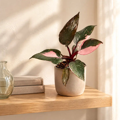 Philodendron Pink Princess Marble mit großen rosa Flächen im beigen Übertopf auf einem Wandregal