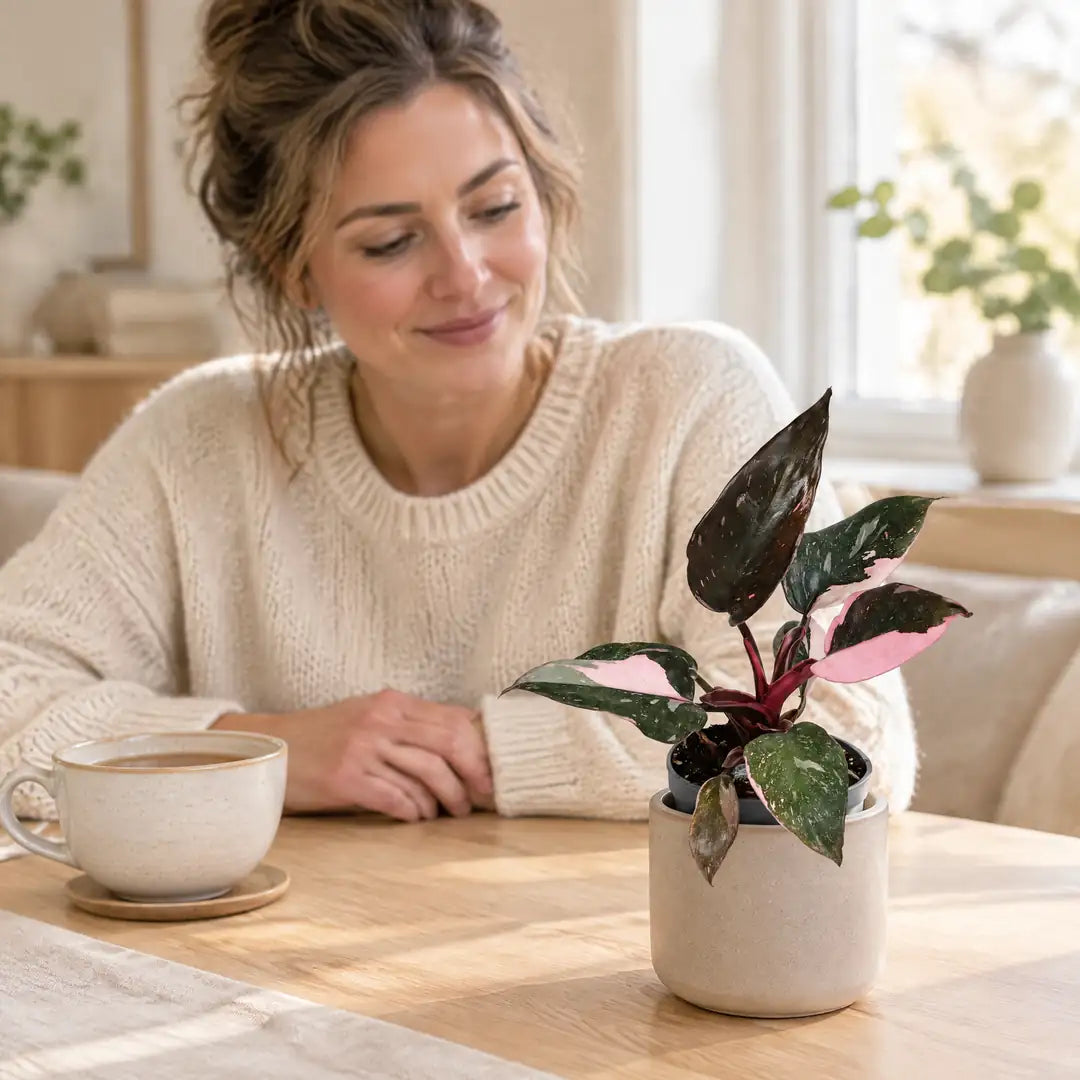 Frau betrachtet eine Philodendron Pink Princess Marble auf dem Tisch am Fenster