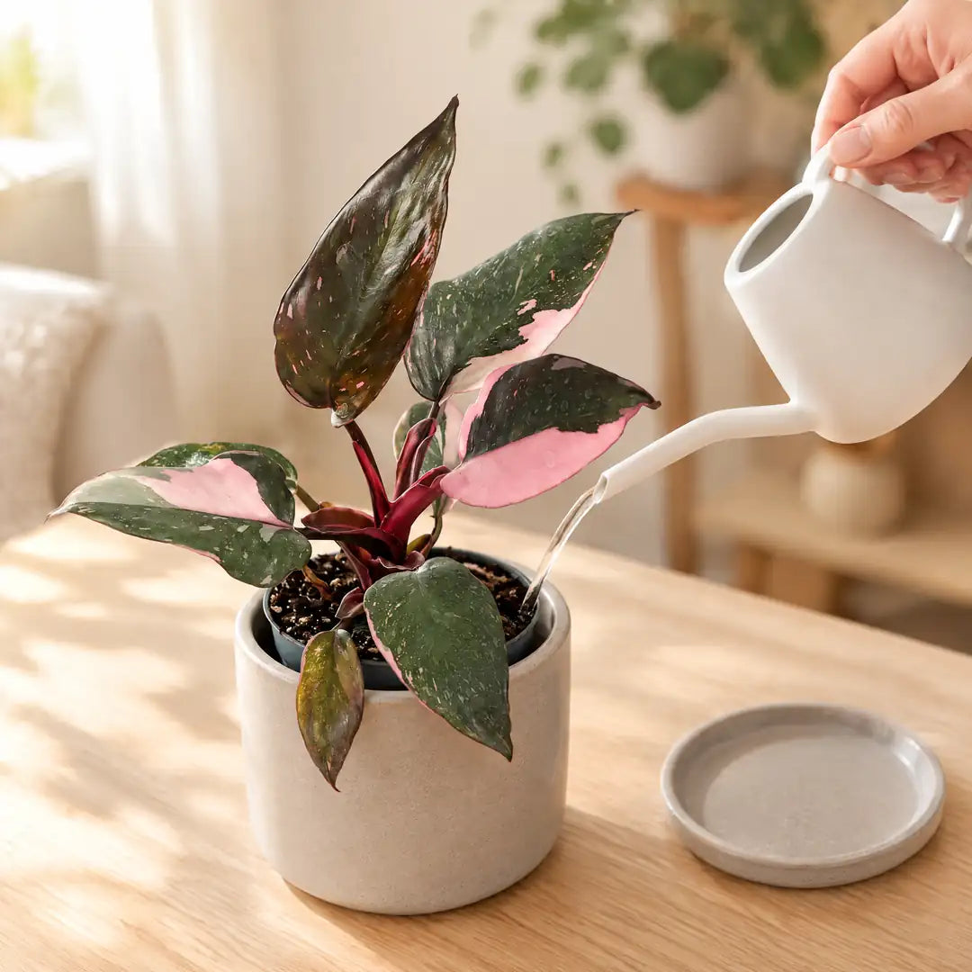 Hand gießt eine Philodendron Pink Princess Marble mit einer kleinen weißen Gießkanne