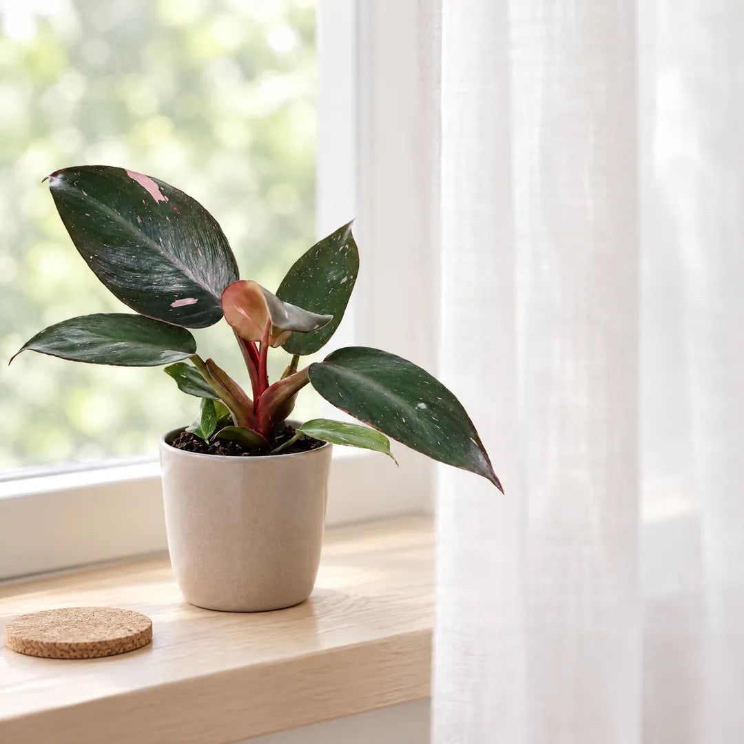 Philodendron Pink Princess am hellen Fenster hinter einem leichten Vorhang