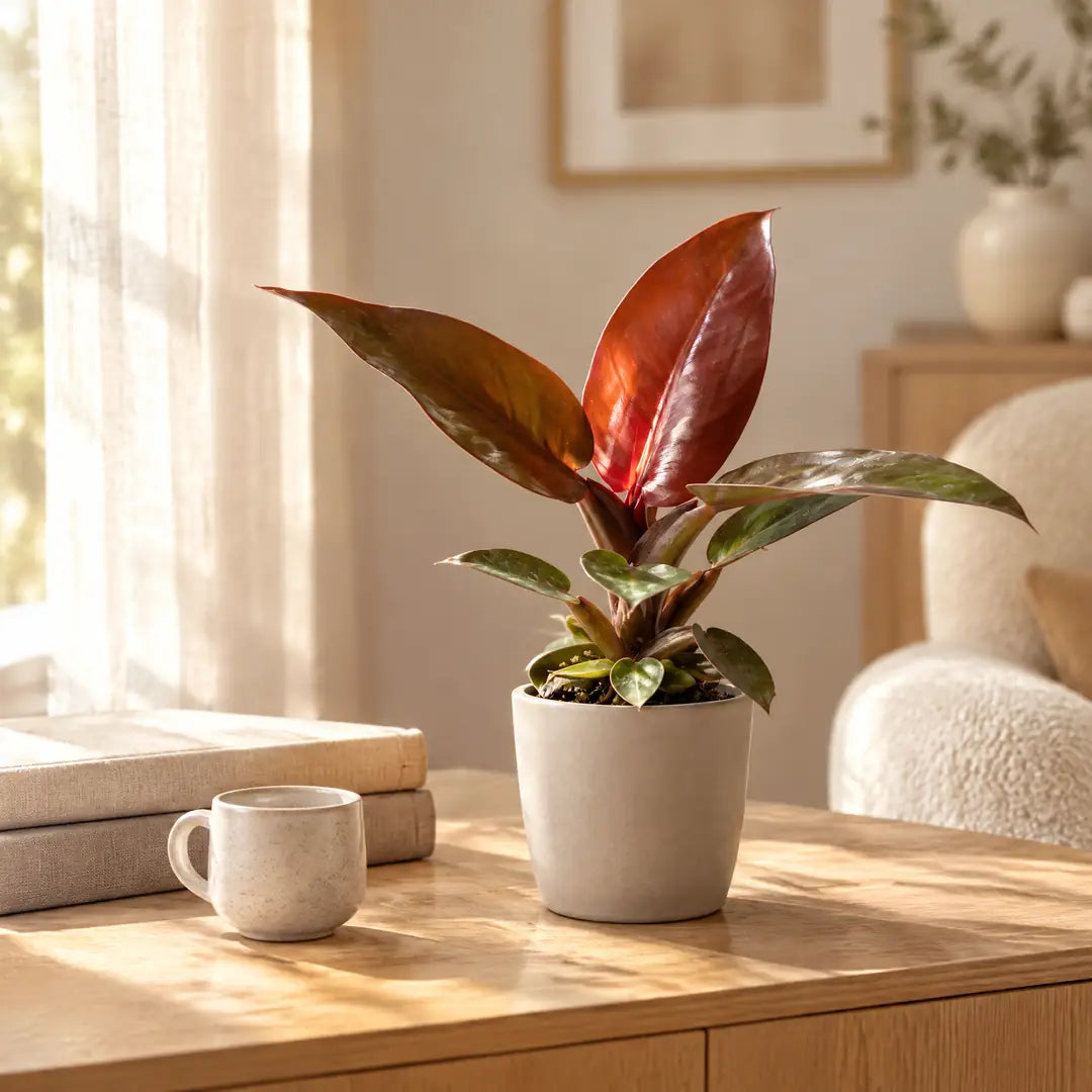 Philodendron Sun Red im beigen Übertopf auf einem Sideboard aus Eiche im hellen Wohnzimmer
