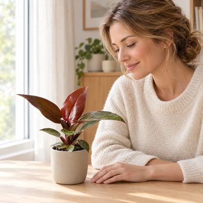 Frau betrachtet lächelnd einen kleinen Philodendron Sun Red auf dem Tisch