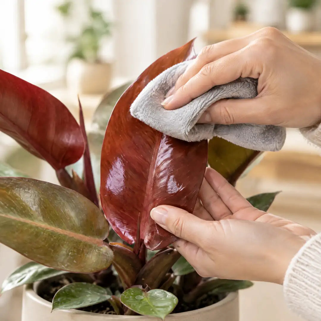 Hand wischt ein weinrotes Blatt des Philodendron Sun Red mit einem weichen Tuch ab