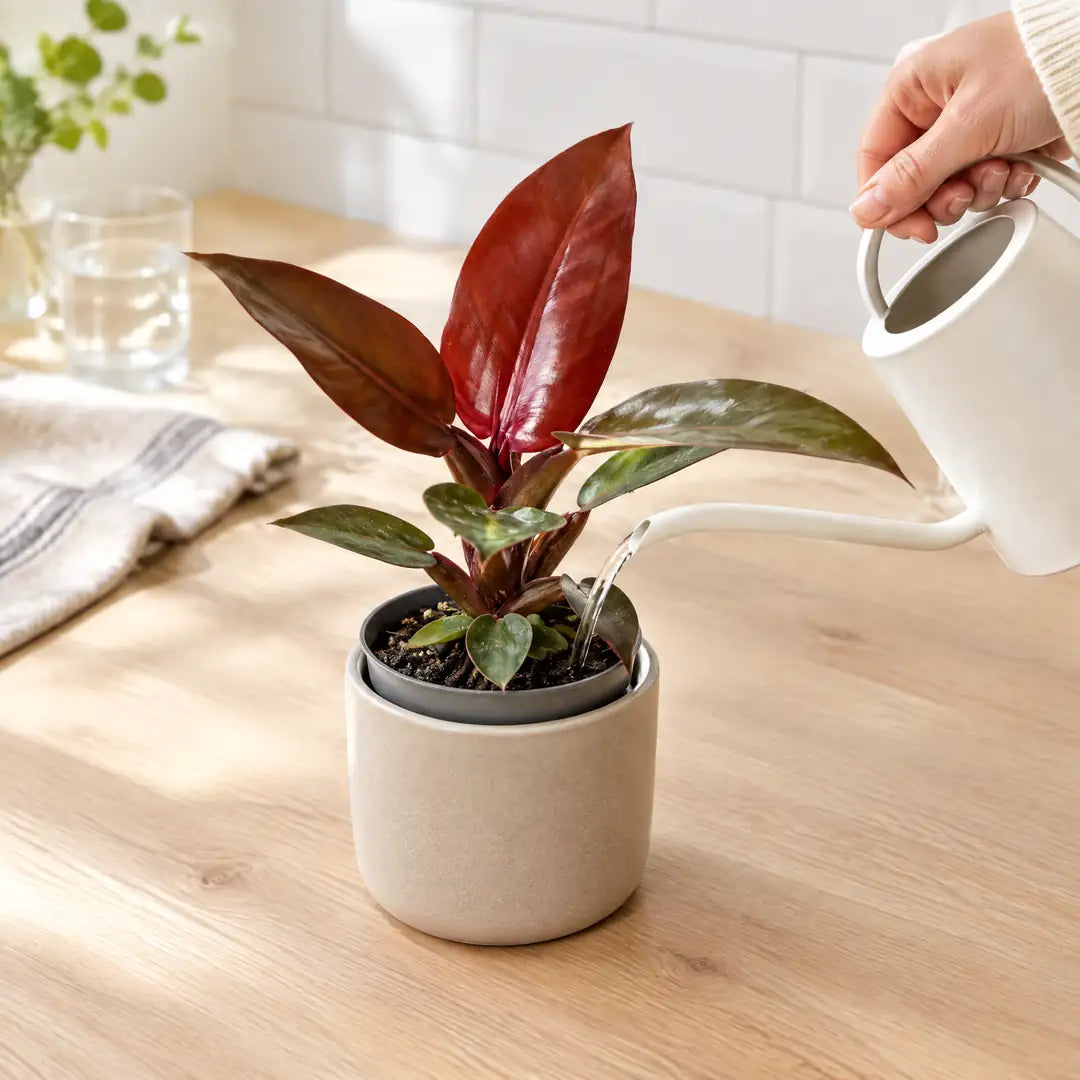 Philodendron Sun Red wird mit einer weißen Gießkanne an der Erde gegossen