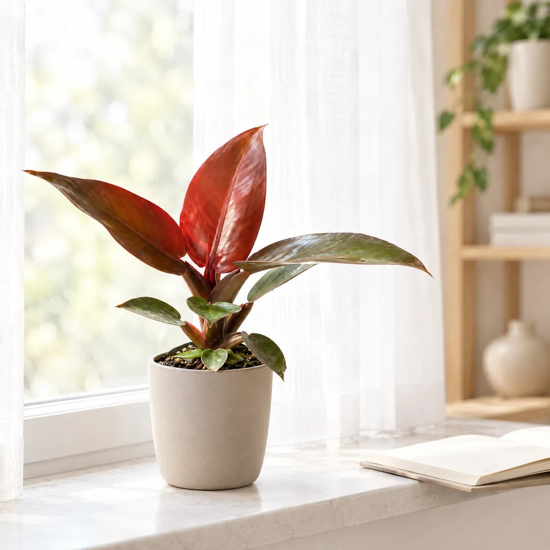 Philodendron Sun Red auf einer hellen Fensterbank vor einem Leinenvorhang