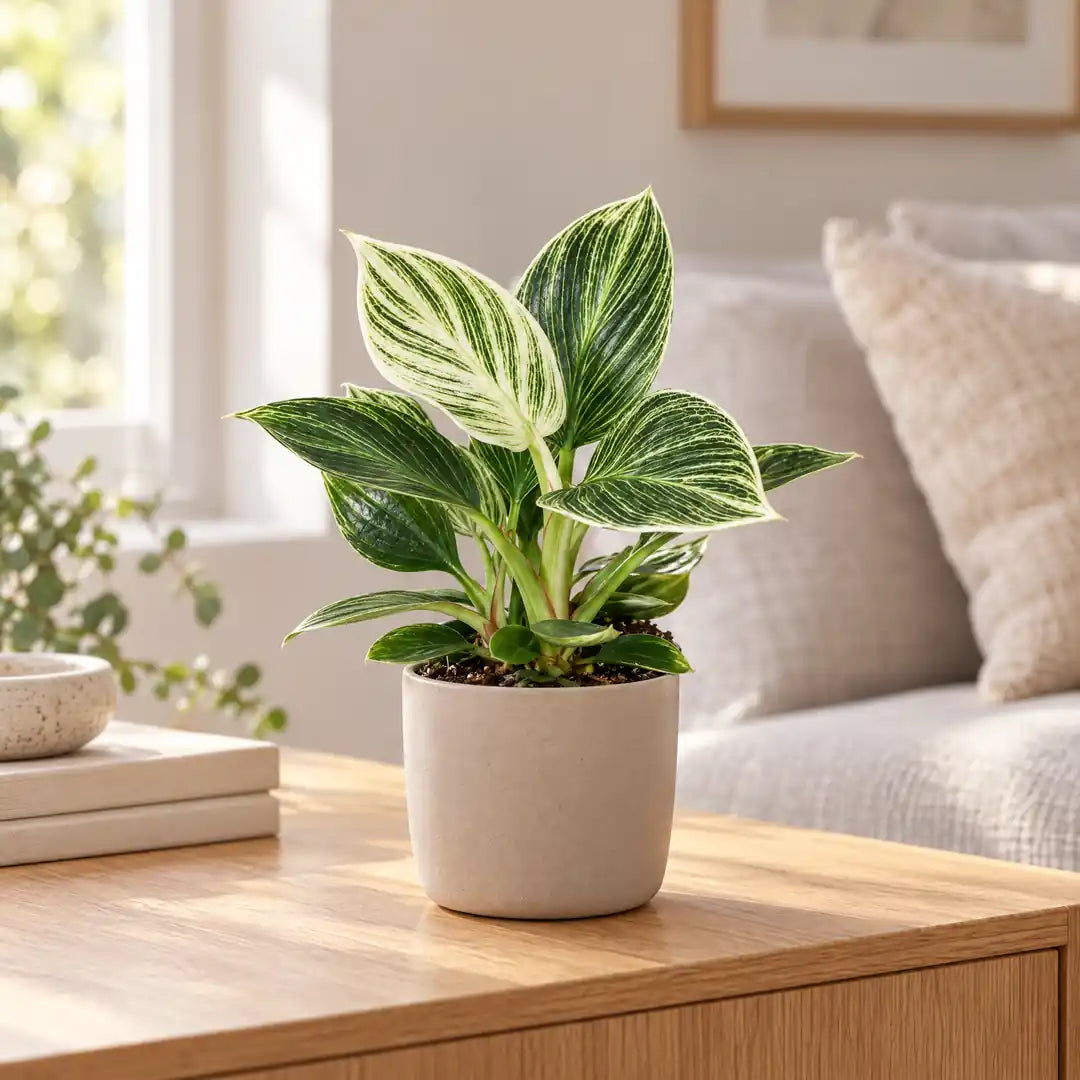Philodendron White Measure im beigen Übertopf auf einem Sideboard aus Eiche im hellen Wohnzimmer