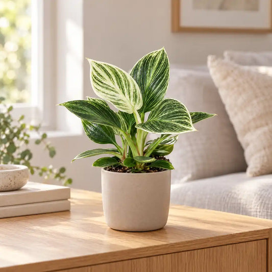 Philodendron White Measure im beigen Übertopf auf einem Sideboard aus Eiche im hellen Wohnzimmer