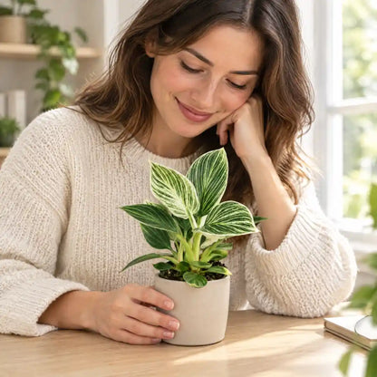 Frau betrachtet lächelnd einen kleinen Philodendron White Measure auf ihrem Schreibtisch