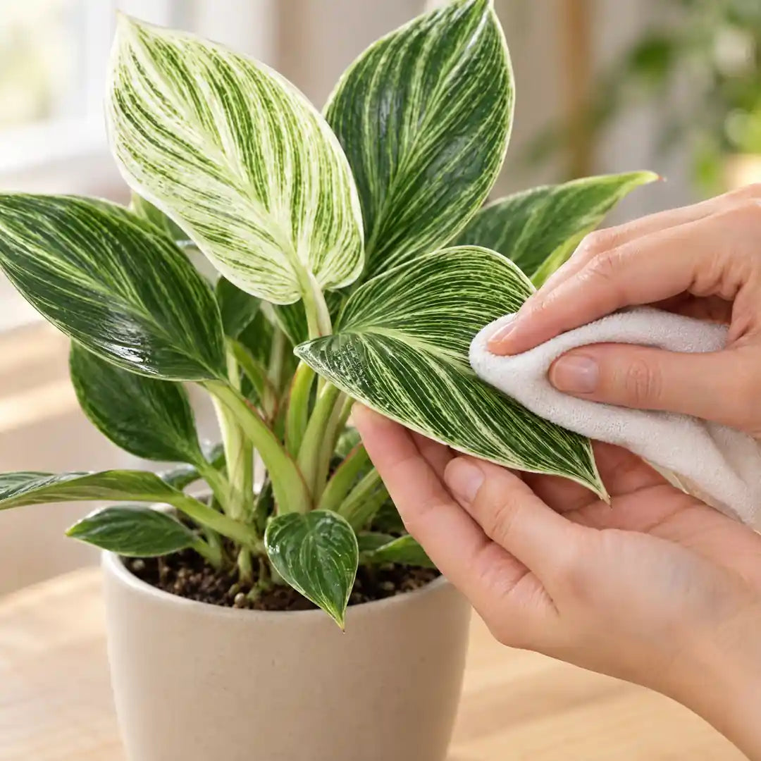 Hand wischt ein gestreiftes Blatt des Philodendron White Measure mit einem weichen Tuch ab