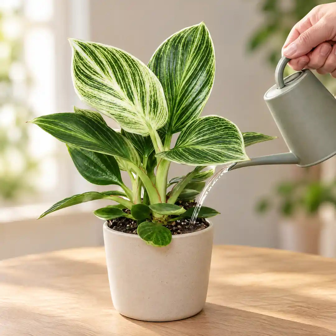 Philodendron White Measure wird mit einer kleinen Gießkanne an der Erde gegossen