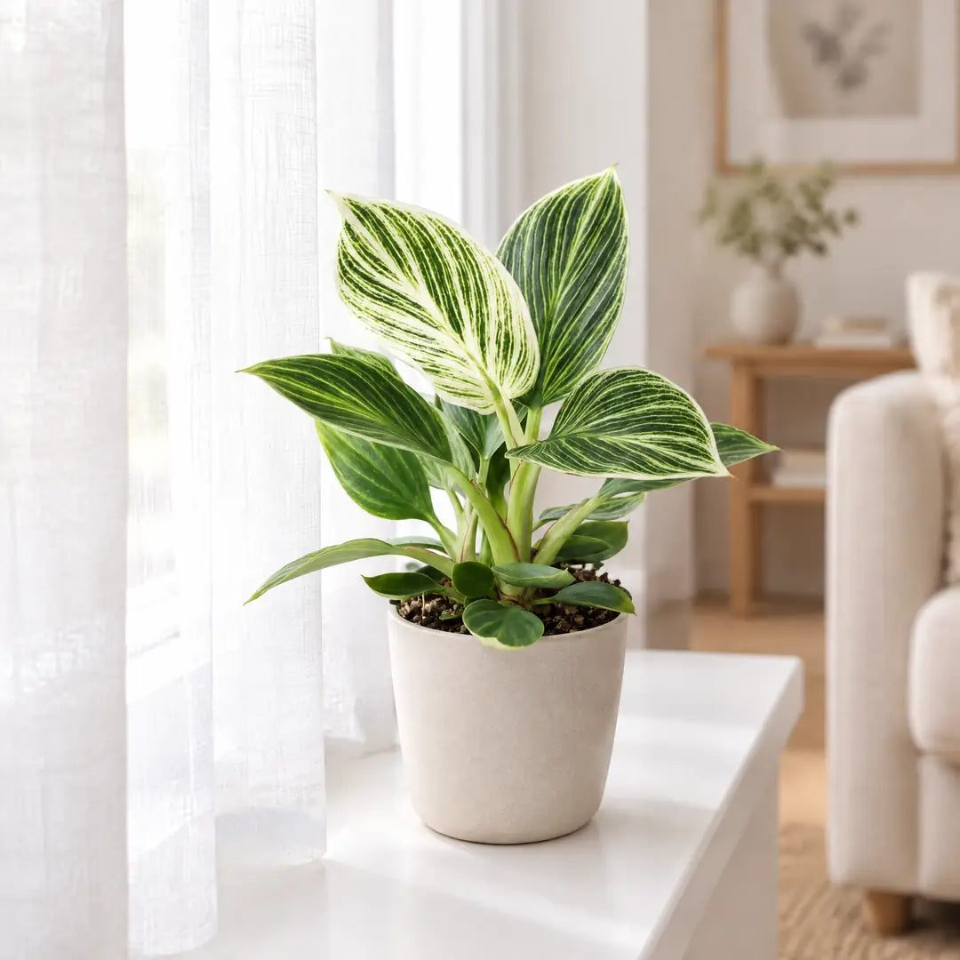 Philodendron White Measure auf einer hellen Fensterbank vor einem Leinenvorhang