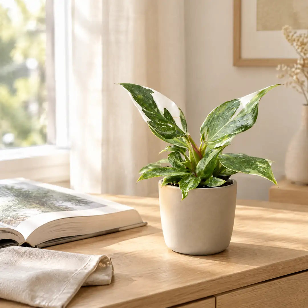 Philodendron White Princess im beigen Übertopf auf einer hellen Eichenkommode im Wohnzimmer